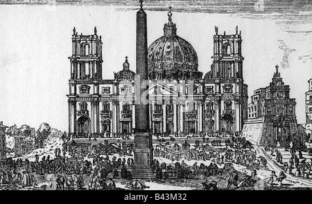 Geografia / viaggio, Italia, Roma, chiese, cattedrale di San Pietro, vista esterna, incisione, inizio 17th secolo, storico, storico, Europa, Vaticano, San Pietro`s, piazza, cupola, obelisco, chiesa, mercato, Patrimonio Mondiale dell'UNESCO / Siti, persone, Foto Stock