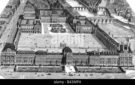 Geografia / viaggio, francia, Parigi, castelli, Tuileres, vista esterna, corte dell'Arco di Trionfo, incisione, metà del 19th secolo, storico, storico, Europa, castello, palazzo, palais, costruito 1564 da Philibert Delorme, sotto la regina Catharine dei Medici, residenza del re Luigi XIV, Luigi XVI, Luigi XVIII, Napoleone i, Napoleone III, Carl X, Louis Philippe, architettura, fiume, Senna, Place de Caroussel, piazza, piazze, Rue de Rivoli, ponte, ponti, Pont de Caroussel, Pont des Arts, Pont Neuf, arco trionfale, gente, Foto Stock