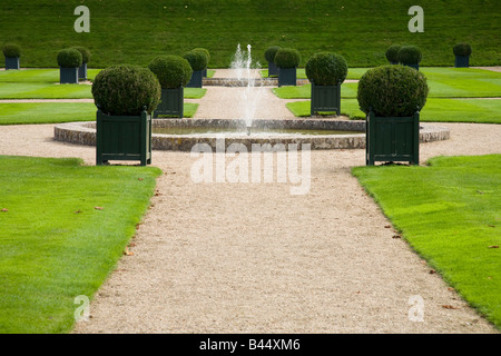 Fontana e siepi giardino formale Chateau Villandry Valle della Loira in Francia Foto Stock