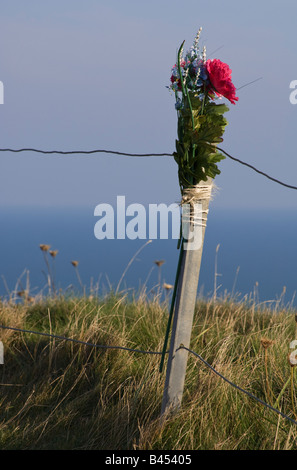 Un omaggio floreale sul ciglio della scogliera a Beachy Head - un famoso spot suicida vicino a Eastbourne in East Sussex England Regno Unito Foto Stock