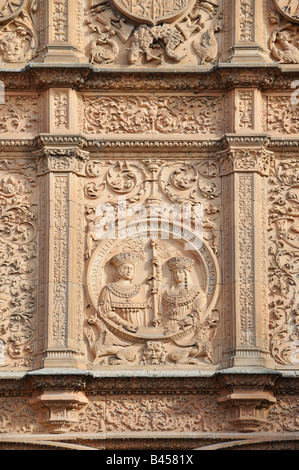 Dettaglio della pietra scolpita inizio 16c plateresque facciata e la porta di ingresso all università Universidad Salamanca spagna Foto Stock