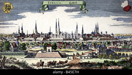 Geografia / viaggi, Germania, Lubecca, viste sulla città / cityscapes, colorato di incisione di Matthäus Merian da "Topographia" Germaniae", 1642 - 1655, l'artista del diritto d'autore non deve essere cancellata Foto Stock