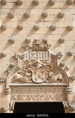 Dettaglio della Stemma e scultura in pietra sopra la porta della casa di gusci Casa de las Conchas Salamanca spagna Foto Stock