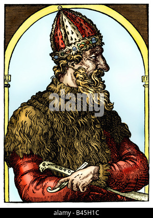 Ivan III Vasivevich 'il Grande', 22.1.1440 - 27.10.1505, Gran Principe di Mosca 27.3.1462 - 27.10.1505, ritratto, legno, 'Cosmographie universelle' di Andre Thevet, 1575, successivamente colorato, Foto Stock