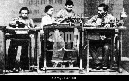 Zeiss, Carl, 11.9.1816 - 3.12. 1888, industriale e meccanista tedesco, il suo laboratorio, Jena, 1872, Foto Stock