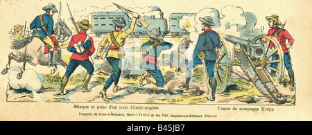 Eventi, Seconda guerra Boer 1899 - 1902, esercito Boer, attacco su un treno corazzato britannico, stampa, 1900, dettaglio, serie 'la Guerre de Transvaal', pubblicato da Marcel Vance et ses fils, Pont-a-Mousson, Francia, , Foto Stock