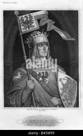 Rudolf I, 1.5.1218 - 15.7.1291, re di Germania, 23.10.1273 - 15.7.1291, mezza lunghezza, incisione, dopo la verniciatura in salone imperiale a Francoforte, Meyers Konversationslexikon, Hildburghausen, secolo XIX, , artista del diritto d'autore non deve essere cancellata Foto Stock