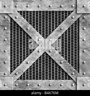 Una piastra di metallo con rivetti e filo di ingranamento Foto Stock