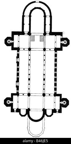 Architettura, pianta, Chiesa di San Michele, costruita 1010 - 1033, incisione del legno, 19th secolo, pianta, chiesa, religione, cristianesimo, Medioevo, Romansesco, Europa, Germania, Bassa Sassonia, 11th secolo, storico, storico, medievale, Foto Stock