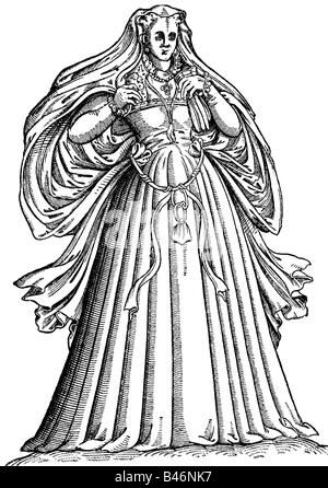 Moda, 16th secolo, Germania, costume femminile, cittadino di Roma, legno, 'Gynaeceum sive theatatrum mulierum' di Jost Amman, Norimberga, 1586, , Foto Stock