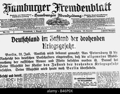 Stampa / media, riviste / riviste, Hamburger Fremdenblatt, volume 86, n° 178, 1.8.1914, relazione 'Germania sotto la minaccia della guerra', Foto Stock