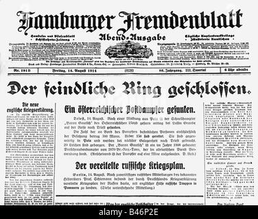 Stampa / media, riviste / riviste, Hamburger Fremdenblatt, edizione serale, volume 86, n. 191 B, 14.8.1914, rapporto 'l'anello dei nostri nemici è chiuso', Foto Stock