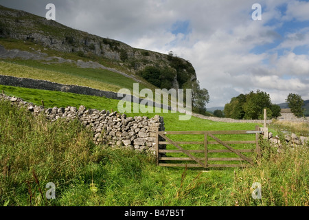 Kilnsey Crag, una funzione di calcare in alto Wharfedale, Yorkshire Dales Foto Stock