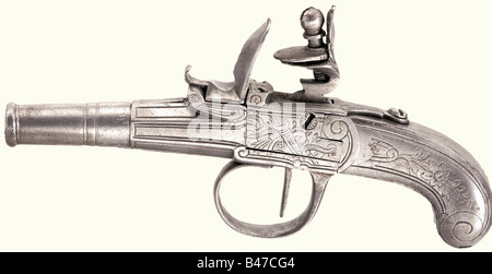 Un paio di pistole tascabili all-metal flintlock, Liegi alla fine del 18th secolo. Canne a vite rigate con camme in calibro 9 mm. La scatola in ferro blocca e butta con incisioni di fiori e fasci di trofei sui lati. Lunghezza di ogni 15,5 cm. Storico, storico, 18th secolo, pistola civile, pistole civili, palmare, pistola, armi da fuoco, arma da fuoco, armi da fuoco, armi da fuoco, armi da fuoco, armi, arma, braccio, oggetto, oggetti, alambicchi, clippings, taglio, taglio, taglio, Foto Stock