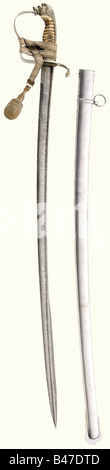 Una splendida sciabola - un premio di marzata per il 16th Reggimento di fanteria Großherzog Ferdinand von Toskana 1912., Damasco pala di pipa con yellmen. Zainetto con testa a leone e occhielli rossi in vetro argentati. Dedica incisa sotto la guardia. 'Em besten Schützen 1912 - Oberst Hinzler K.B. Inf.Rgt. 16' (Al miglior marksman 1912 - Colonnello Hinzler Royal Bavarian. Inf. Rgt. 16). Presa ossea con avvolgimento in filo d'argento. Il nodo della spada dell'ufficiale attaccato. Barbard in acciaio lucido con anello di sospensione mobile. Lunghezza 100,5 cm. Storico, storico, 1910s, Foto Stock