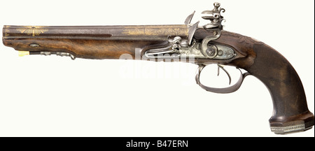 Un paio di pistole flintlock a doppia barrelata, G. Merley a St. Etienne, circa 1800. Canne rotonde con fori lisci in calibro 15 mm. La decorazione dorata finemente incisa sulla parte superiore delle botti e delle costole è inscritta con la descrizione di qualità, 'Canon Tordu' (Twist Barrel). Serrature finemente incise con padelle impermeabili e piastre di bloccaggio recanti la firma 'G. Merley'. Noce pieno stock con impugnature finemente a scacchi. Taglio di alta qualità e arredamento in ferro inciso. Ramverghe di balena annerita con punte di corno e raschiatori di ferro e stracci. Lunghezza di ogni 37,5 cm. , Foto Stock