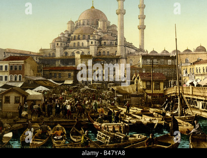 Geografia / viaggio, Turchia, Istanbul, piazze, Piazza Emin Onur e Nuova Moschea, fotografia, colorata, circa 1890, Europa, Asia, 19th secolo, Impero Ottomano, Costantinopoli, porti, barca, barche, moschee, Yani Camii, religione, islam, Foto Stock