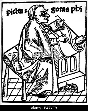 Pitagora di Samos, circa 580/572 - 500/490 a.C., matematico e filosofo greco, scrivendo su scroll, woodcut for 'Rudimentum noviciorum' di L. Brandis, Lübeck, 1475, Foto Stock