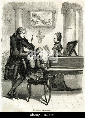 Mozart, Wolfgang Amadeus, 27.1.1756 - 5.12.1791, compositore austriaco, suonando musica con suo padre Leopold e sua sorella Anna Maria, incisione in legno 'The Little Virtuosos', 1860, Foto Stock