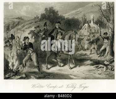 Washington, George, 22.2.1732 - 14.12.1799, American generale, il Comandante in Capo dell'esercito continentale 15.4.1775 - 23.12.1783, Valley Forge 1777/1778, incisione del XIX secolo, STATI UNITI D'AMERICA, la guerra di indipendenza, wnter, soldati, camp, comandante capo XVIII secolo , artista del diritto d'autore non deve essere cancellata Foto Stock