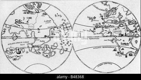 Cartoraphy, mappe del mondo, mappa dopo globo di Martin Behaim, 1492, Foto Stock