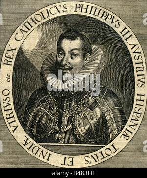 Filippo III., 4.4.1578 - 31.3.1621, re di Spagna 1598 - 1621, ritratto, incisione contemporanea, secolo XVII, armatura, , artista del diritto d'autore non deve essere cancellata Foto Stock