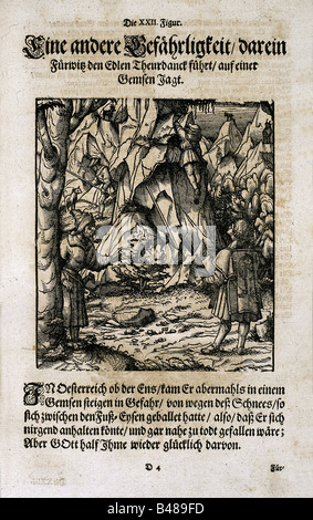 Letteratura, 'Theuerdank', dell'imperatore Massimiliano i, a cura di Melchior Pfitzing, 1517, legno tagliato, illustrazione, scena, ristampa, poesia cortilmente, cavaliere errante, medievale cavalleresco romanzo cavalleresco, romanzo, Medioevo, scrittura, testo, Tewrdankh, Teuerdank, , Foto Stock