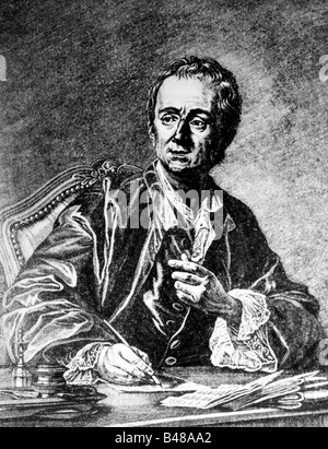 Diderot, Denis, 5.10.1713 - 31.7.1784, scrittore francese, filosofo, a mezza lunghezza e alla scrivania, incisione su rame, fine XVIII secolo, collezione privata, artista del diritto d'autore non deve essere cancellata Foto Stock