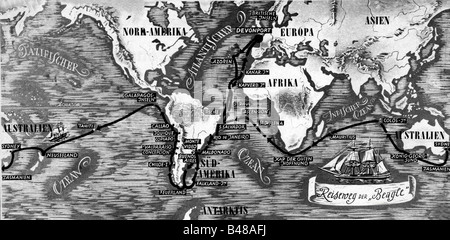 Darwin, Charles Robert, 12.2.1809 - 19.4.1882, naturalista britannico, itinerario del HMS Beagle, mostrato su una mappa del mondo, spedizione degli anni 1831 - 1836, Foto Stock
