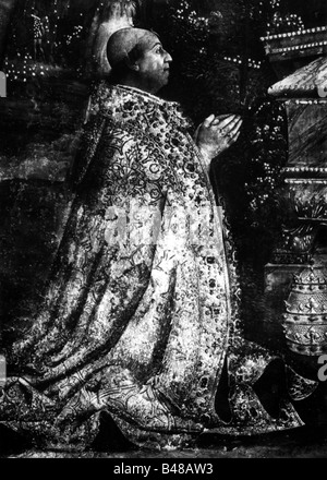 Alessandro VI (Rodrigo de Borja) 1.1.1431 - 18.8.1503, papa 11.8.1492 - 1503, a tutta lunghezza, vista laterale, dopo affresco di Pinturicchio (ca. 1454 - 1513), , Foto Stock