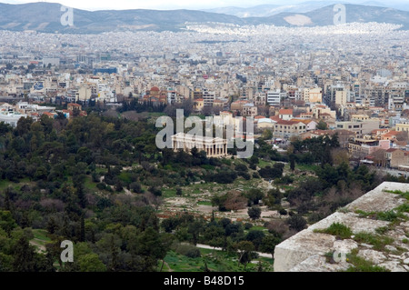 Vista del Tempio di Efesto, Antica Agorà e la città di Atene, Grecia Foto Stock