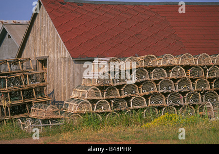Lobster Pot impilate contro un muro a secco nel villaggio di pescatori di Naufrage East Cape Prince Edward Island Foto Stock
