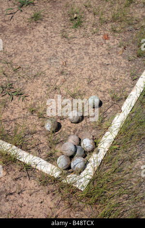 Abbandonato il vecchio campo da tennis in terra battuta con la putrefazione delle palle da tennis in una pila Foto Stock