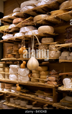 Selezione di ottimi formaggi in vendita nel formaggio refrigerate camera , Londra Foto Stock