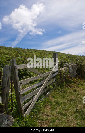 Weathered rotto sette-bar cancello di legno su una soleggiata collina a secco con muro di pietra Foto Stock