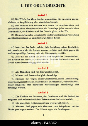 Giustizia, diritto / leggi, costituzione / costituzioni, 'Grundgesetz für die Bundesrepublik Deutschland', (Legge fondamentale per la Repubblica federale di Germania), (GG), 'I. Die Grundrechte', (I. diritti fondamentali), articolo 1-4, facsimile, 23.5.1949, Foto Stock