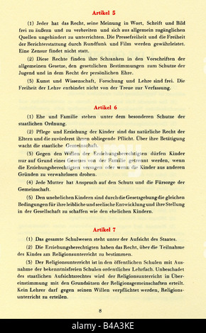 Giustizia, diritto / leggi, costituzione / costituzioni, 'Grundgesetz für die Bundesrepublik Deutschland', (Legge fondamentale per la Repubblica federale di Germania), (GG), 'I. Die Grundrechte', (I. diritti fondamentali), articolo 5-7 (Inizio), facsimile, 23.5.1949, Foto Stock