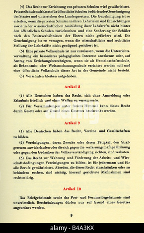 Giustizia, diritto / leggi, costituzione / costituzioni, 'Grundgesetz für die Bundesrepublik Deutschland', (Legge fondamentale per la Repubblica federale di Germania), (GG), 'I. Die Grundrechte', (I. diritti fondamentali), articolo 7 (Fine)-10, facsimile, 23.5.1949, Foto Stock