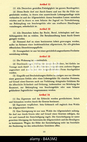 Giustizia, diritto / leggi, costituzione / costituzioni, 'Grundgesetz für die Bundesrepublik Deutschland', (Legge fondamentale per la Repubblica federale di Germania), (GG), 'I. Die Grundrechte', (I. diritti fondamentali), articolo 11-14, facsimile, 23.5.1949, Foto Stock