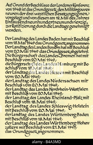 Giustizia, diritto / leggi, costituzione / costituzioni, 'Grundgesetz für die Bundesrepublik Deutschland', (Legge fondamentale per la Repubblica federale di Germania), (GG), promulgazione, facsimile, 23.5.1949, Foto Stock