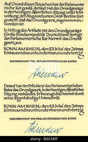 Giustizia, diritto / leggi, costituzione / costituzioni, 'Grundgesetz für die Bundesrepublik Deutschland', (Legge fondamentale per la Repubblica federale di Germania), (GG), promulgazione, firma di Konrad Adenauer (presidente del consiglio parlamentare), facsimile, 23.5.1949, Foto Stock