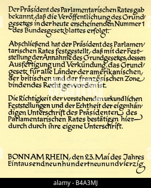 Giustizia, diritto / leggi, costituzione / costituzioni, 'Grundgesetz für die Bundesrepublik Deutschland', (Legge fondamentale per la Repubblica federale di Germania), (GG), promulgazione, facsimile, 23.5.1949, Foto Stock