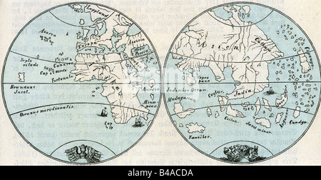 Cartoraphy, mappe del mondo, mappa dopo globo di Martin Behaim, 1492, Foto Stock