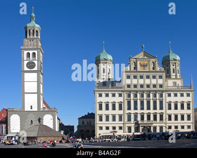 Geografia / viaggi, in Germania, in Baviera, Augsburg, edifici, municipio, costruito 1615 - 1620 e Perlach torre, costruita: 1612 - 1618 da Elias Holl, vista esterna, Additional-Rights-Clearance-Info-Not-Available Foto Stock