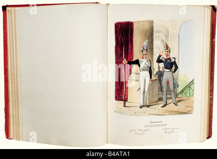 'AS Deutsche Bundesheer...', 260 litografie colorate a mano di H.A. Eckert e D. Monten 1838. Contiene 42 piatti per l'Austria e 48 per la Prussia insieme a 6 di Sachse/Schulz, 7 per la Baviera, 23 per la Sassonia, 16 per Hannover, 7 per Württemberg, 20 per Assia-Kassel, 9 per Assia-Darmstadt, 13 per Holstein, 2 per Oldenburg, 16 per Mecklenburg-Schwerin, 14 per Brunswick, 8 per Nassau, 3 per Weimar, 3 per Coburg Gotha, 2 per Strelitz, 4 per Anhalt e 17 per altri stati più piccoli. In un vecchio mezzo-cuoio legando dalla biblioteca dei principi Ysenberg. Storico, istor, Foto Stock