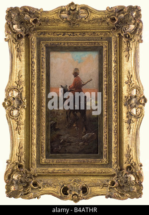 "Pattuglia di Cosacchi', un cavaliere con rivestimento rosso guardando sopra la sua spalla. Olio su legno, illegibly firmato in basso a sinistra. In stucco dorato telaio, dimensione della pittura: 11 x 22,5 cm. Sul retro la scritta 'Jan Konarski'. belle arti, persone, secolo XIX, oggetto, gli oggetti alambicchi, clipping, clippings, tagliate, cut-out, cut-outs, pittura, dipinti, belle arti, arte, foto, immagini, illustrazioni, Uomo, uomini, maschio, artista del diritto d'autore non deve essere cancellata Foto Stock