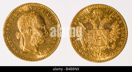 Oro austriaco Ducat. Moderno restrike 1815 originale - l'Imperatore Franz Joseph (986/1000 purezza, 3.4909 g = 0.1106 oz) Foto Stock