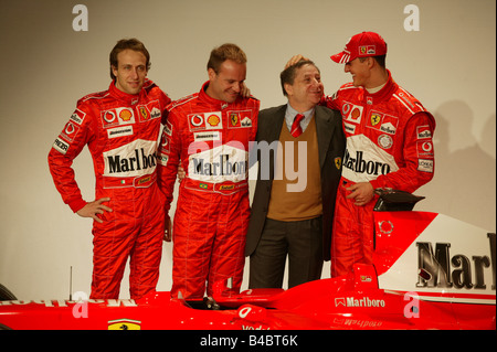 Lo sport del motore, il Team Ferrari 2004, Rubens Barrichello e Michael Schumacher, Jean Todt, Presentazione Ferrari, persone, Race Driver, Foto Stock