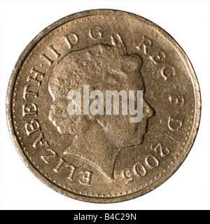 Contraffazione di 2005 £ 1 una libbra di moneta che mostra scarsa definizione e superficie ruvida Foto Stock