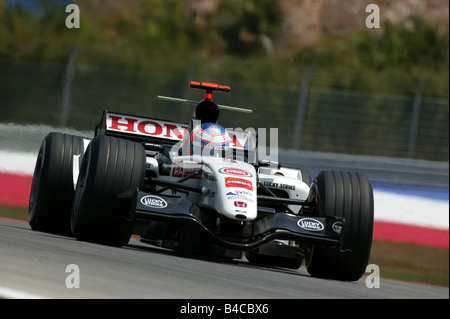 Lo sport del motore, Jenson Button, Honda, Formel 1 2005, racetrack, circuito, Race Course, guida, diagonale dalla parte anteriore, Frontale vi Foto Stock